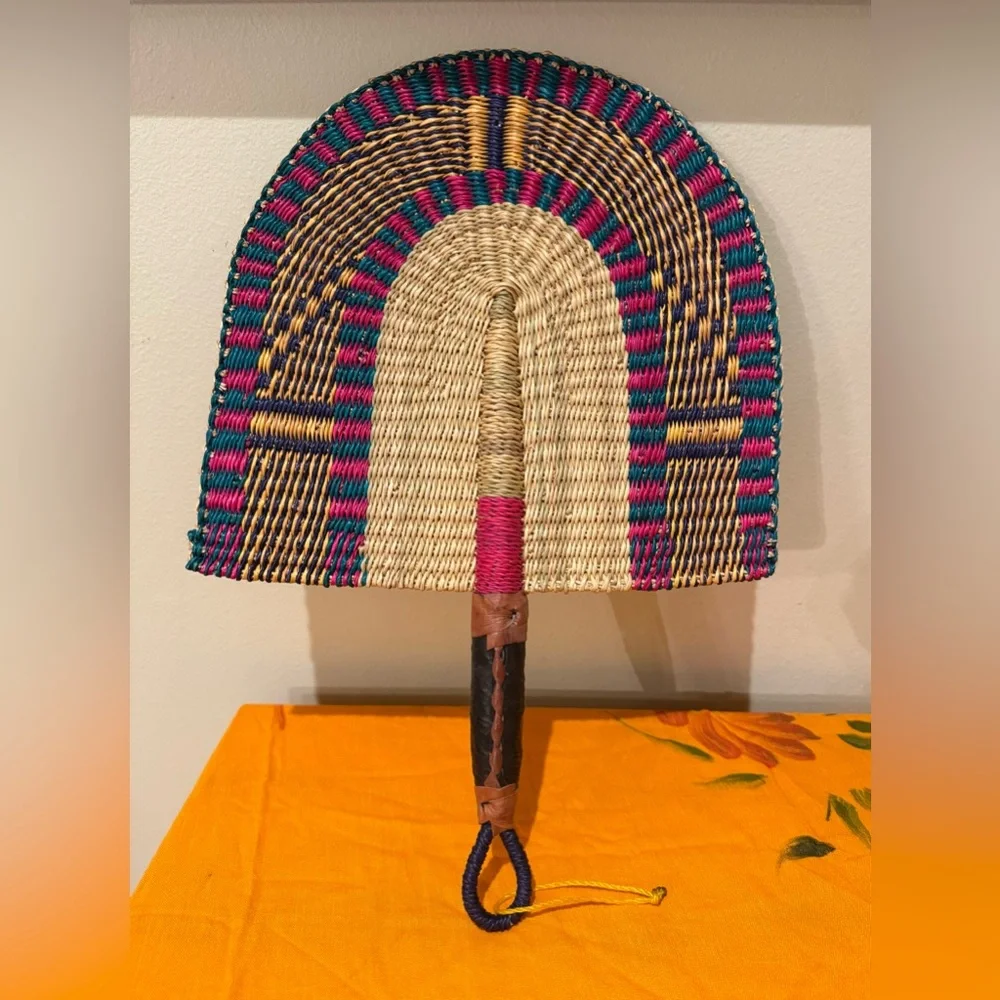 Vintage African Bolga Hand Woven Straw Fan Leather Handle Boho Wall Decor